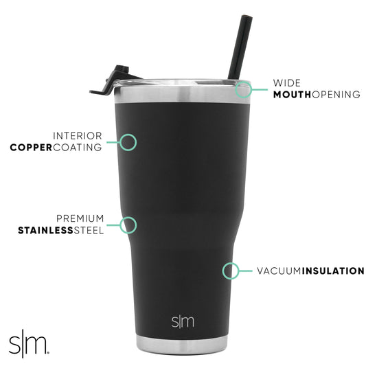 Black matte tumbler with brushed stainless steel lid rim and bottom band on white background.