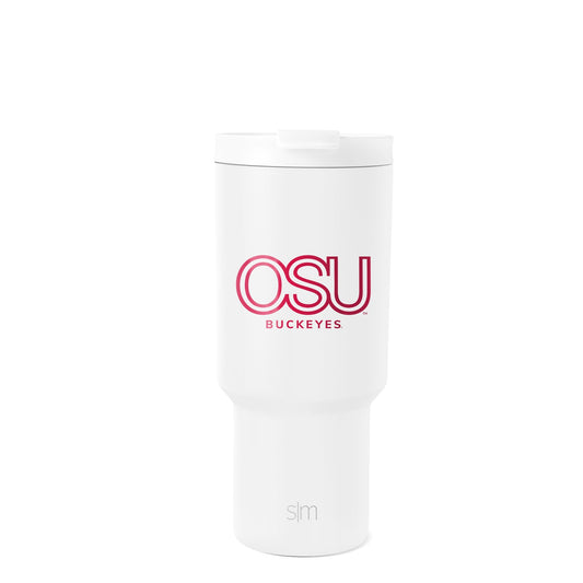 White tumbler with bold hot pink OSU Buckeyes branding and logo, creating vibrant contrast on clean background. Drinkware product featuring university athletic team design.