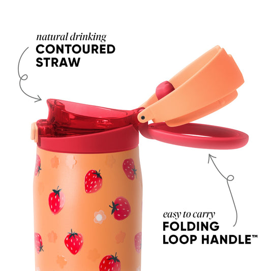 Peach-orange drinking vessel with deep red lid, straw, and handle against a neutral background.