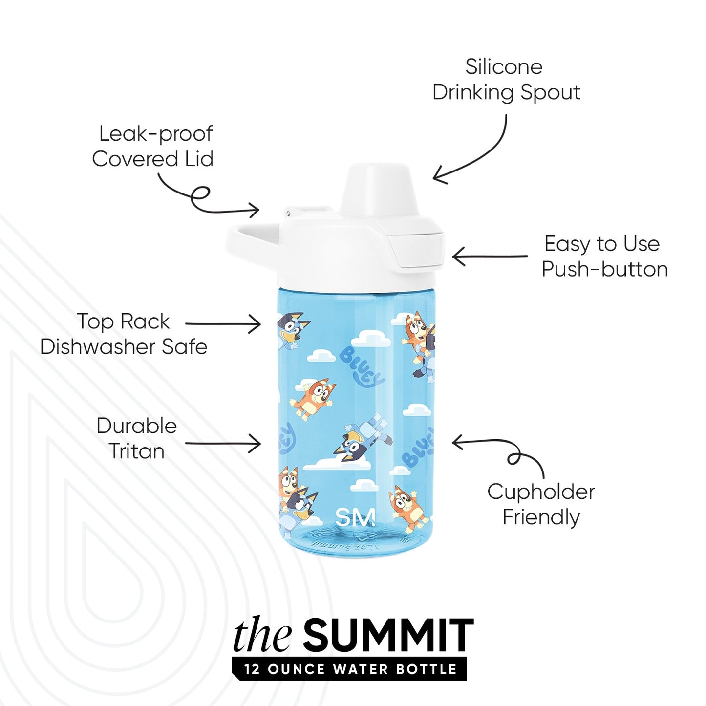 Sky blue 12-ounce Simple Modern Summit water bottle with white leak-proof lid, push-button spout, and illustrated cartoon characters. Feature callouts highlight dishwasher safe, durable Tritan, and cupholder friendly design.