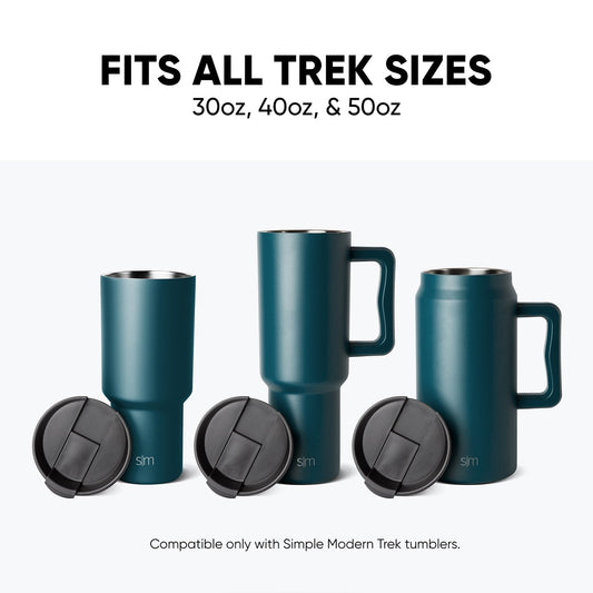 Three teal tumblers with charcoal gray and black lids arranged in a row, displaying Trek product compatibility information on a dark background.