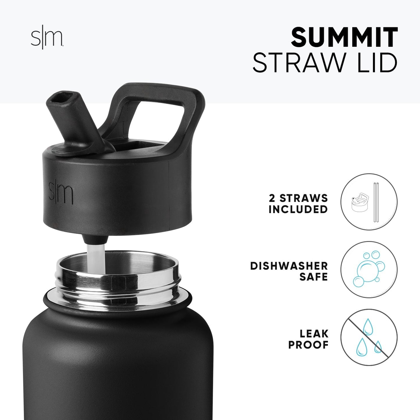 Black and metallic silver SM Summit water bottle with matte finish base, polished stainless steel interior rim and straw attachment hardware