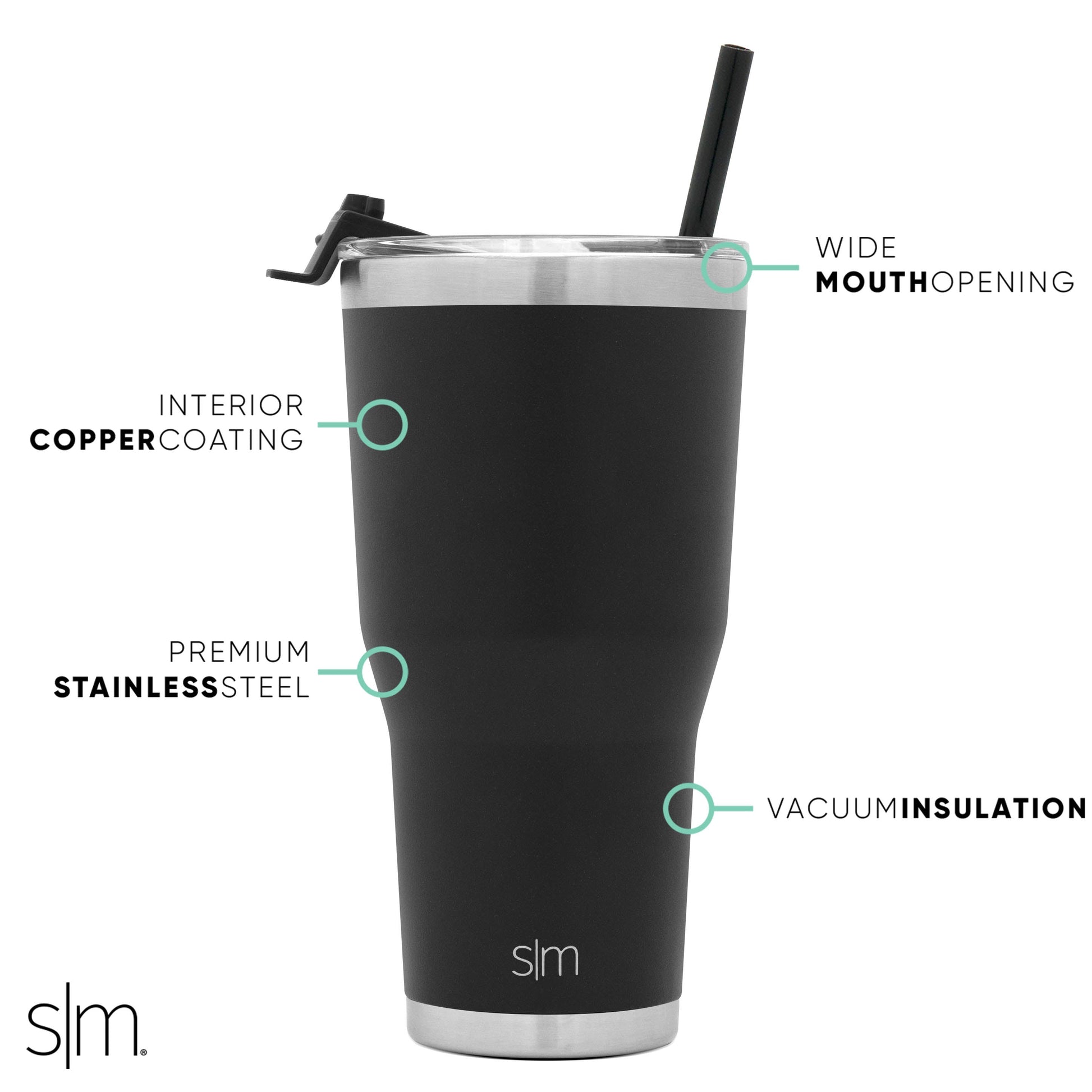 Black matte tumbler with brushed stainless steel lid rim and bottom band on white background.