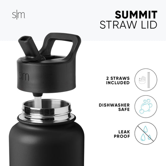 Black and stainless steel water bottle with Summit Straw Lid featuring matte black base and metallic silver accents on the lid.