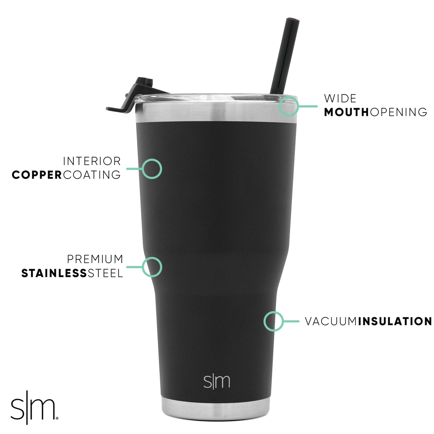Black and silver product diagram with white background and turquoise callout lines highlighting key features
