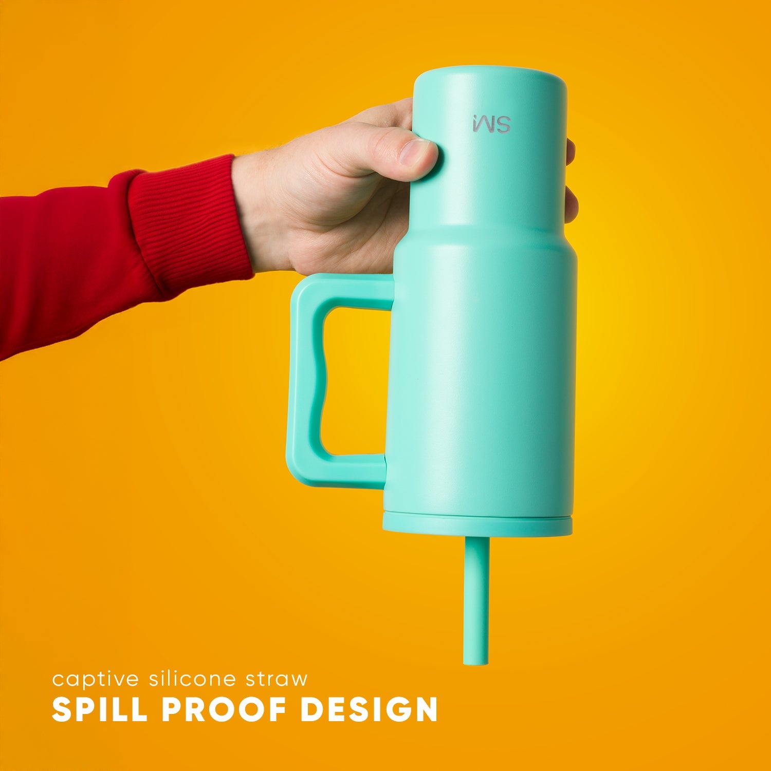 Turquoise 24oz Simple Modern kids water bottle with captive silicone straw held by hand against yellow background. Text reads "spill proof design."