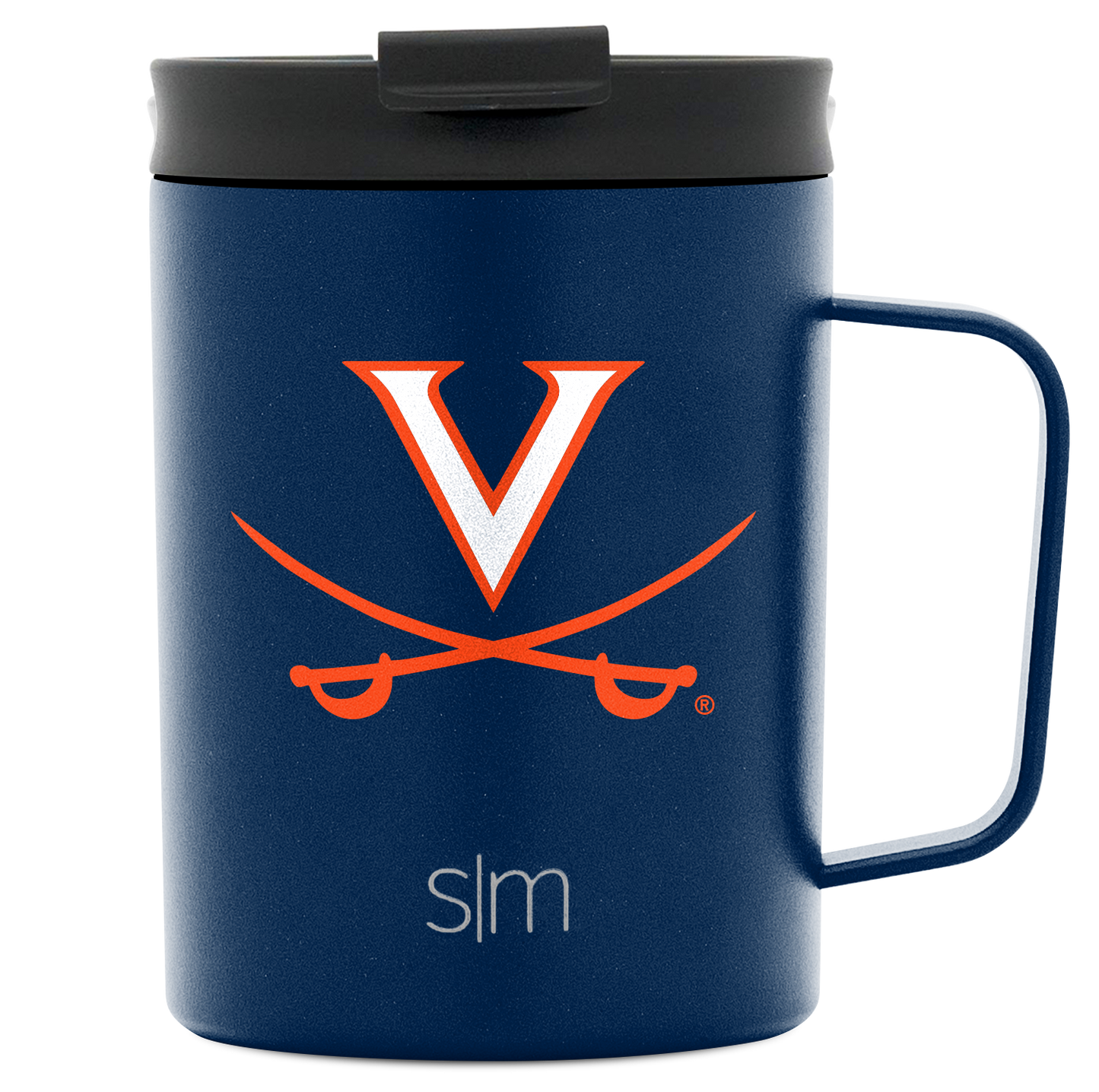 Navy blue mug with charcoal gray lid featuring University of Virginia logo, viewed from front angle