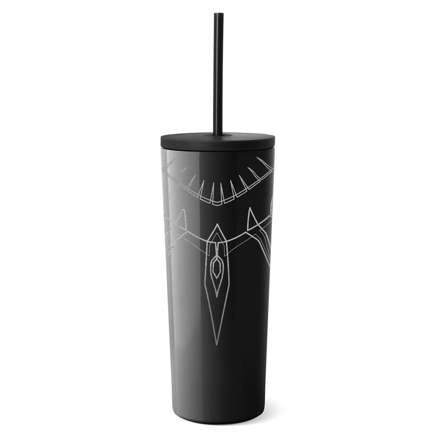Black tumbler with metallic silver mystical line design