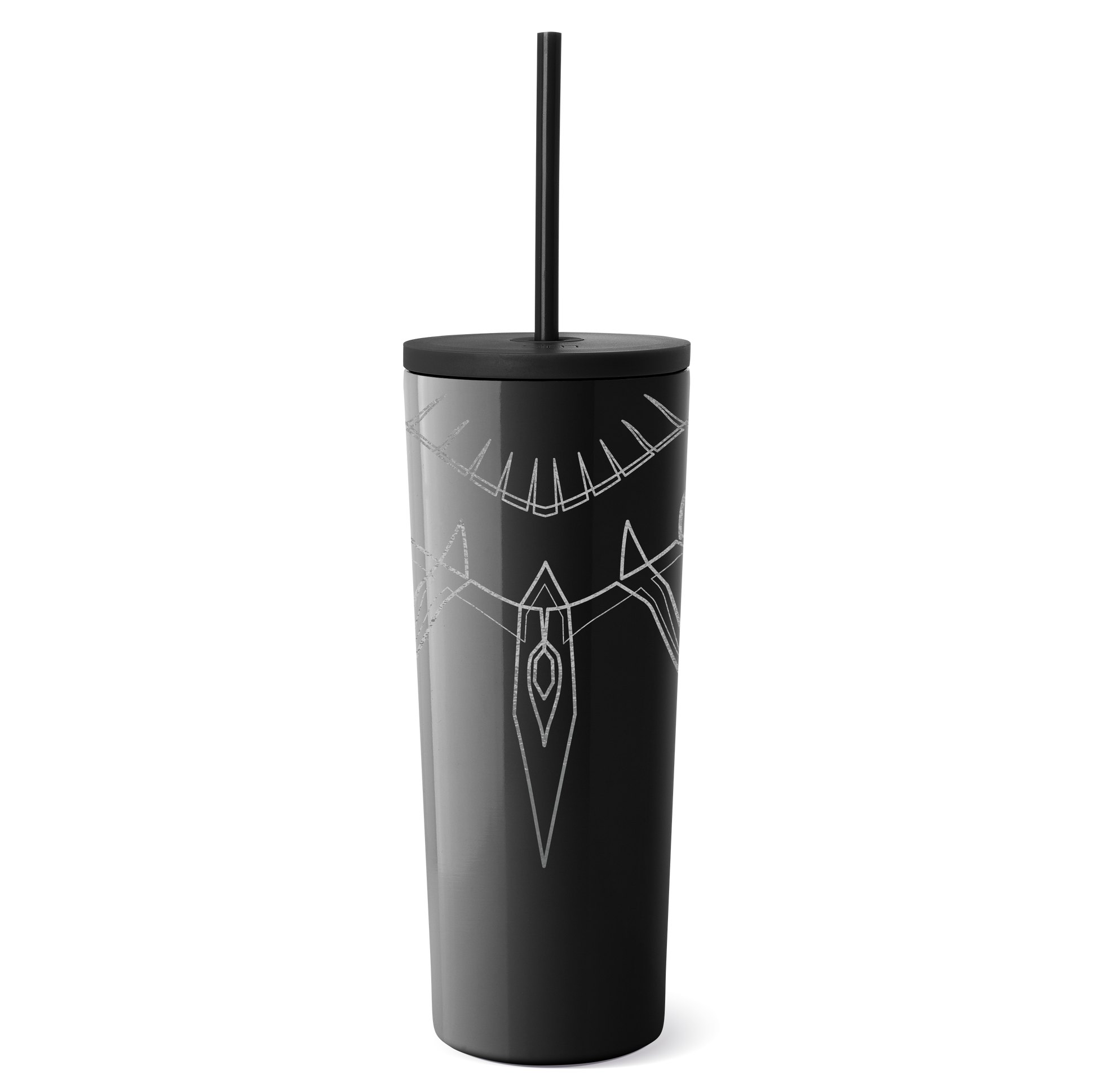 Black tumbler with metallic silver mystical line design