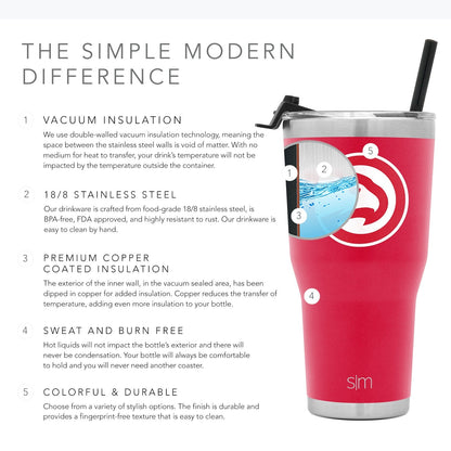 Hot pink insulated tumbler with light blue water illustration against white background