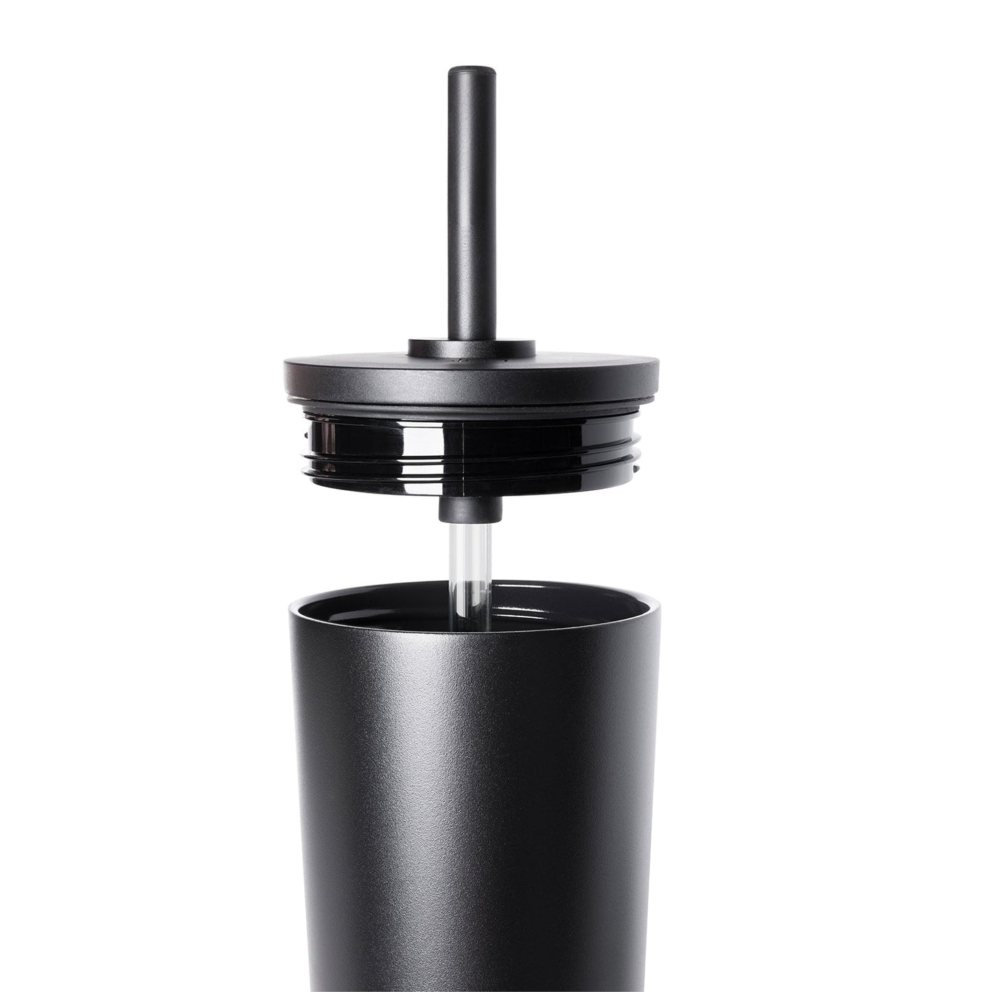 Matte black insulated drinkware with white lid shown against white background.
