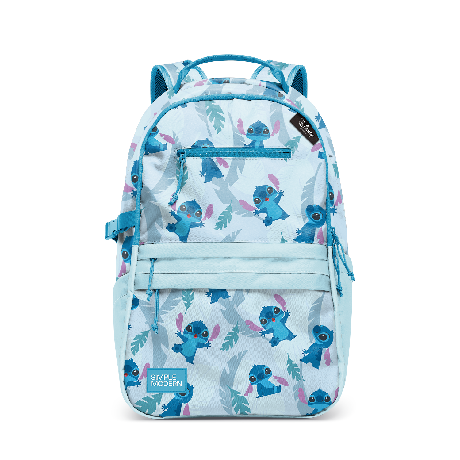 Light blue backpack with teal blue characters and leaf motifs, accented with dusty purple details.