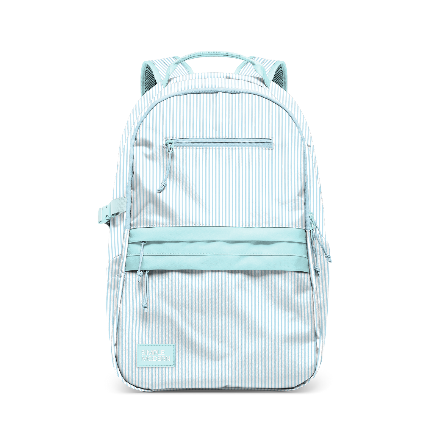 Light blue and white striped backpack with vertical pattern and solid light blue accents, size medium