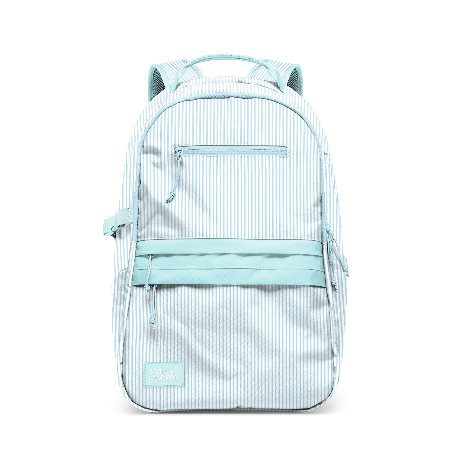Light blue and white striped backpack with vertical pattern and solid light blue accents, size medium