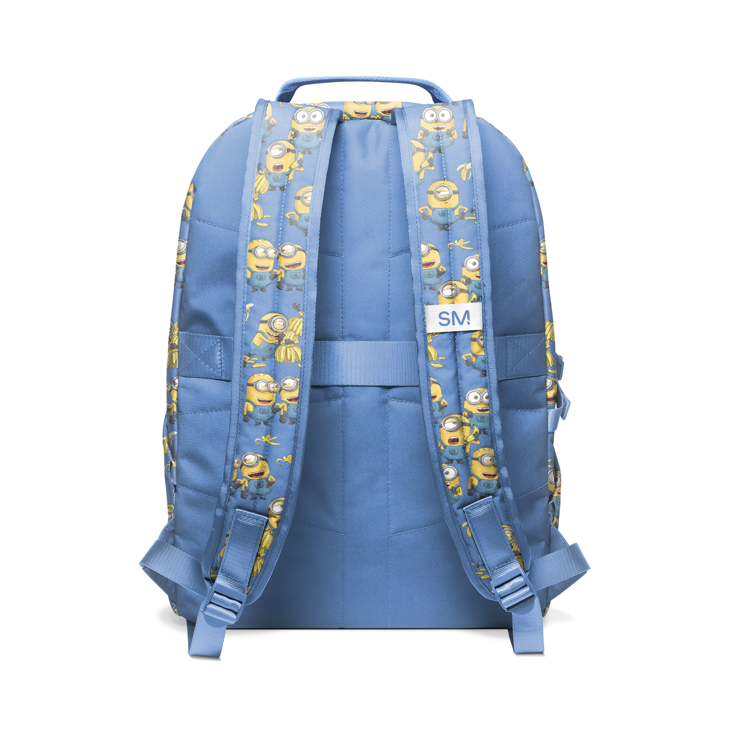Periwinkle blue backpack with yellow and gold printed fabric straps and side panels