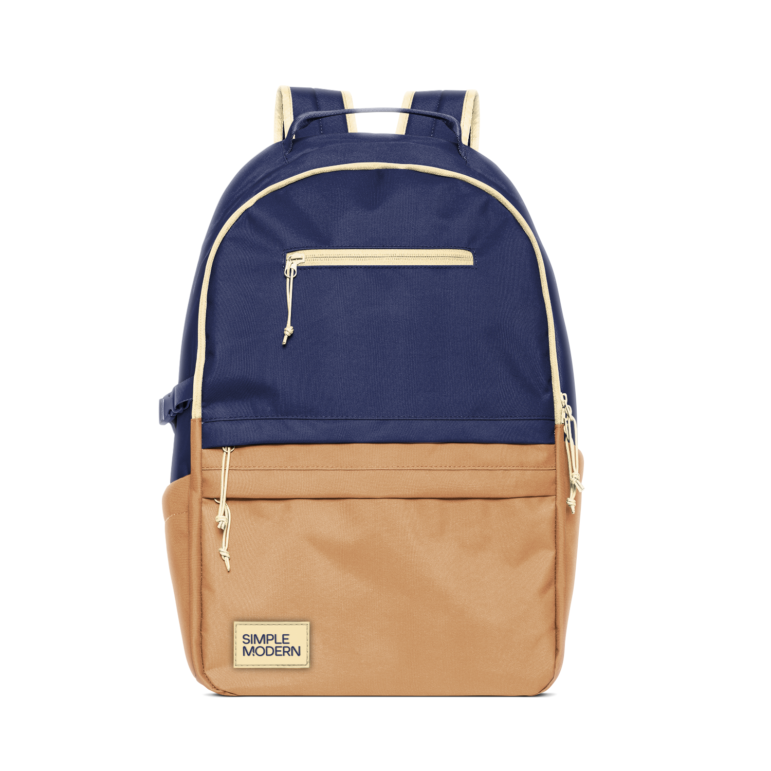 Two-tone navy blue and tan backpack with cream trim and hardware