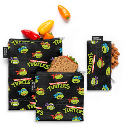 Teenage Mutant Ninja Turtles character illustration with bright lime green text and faces on black background