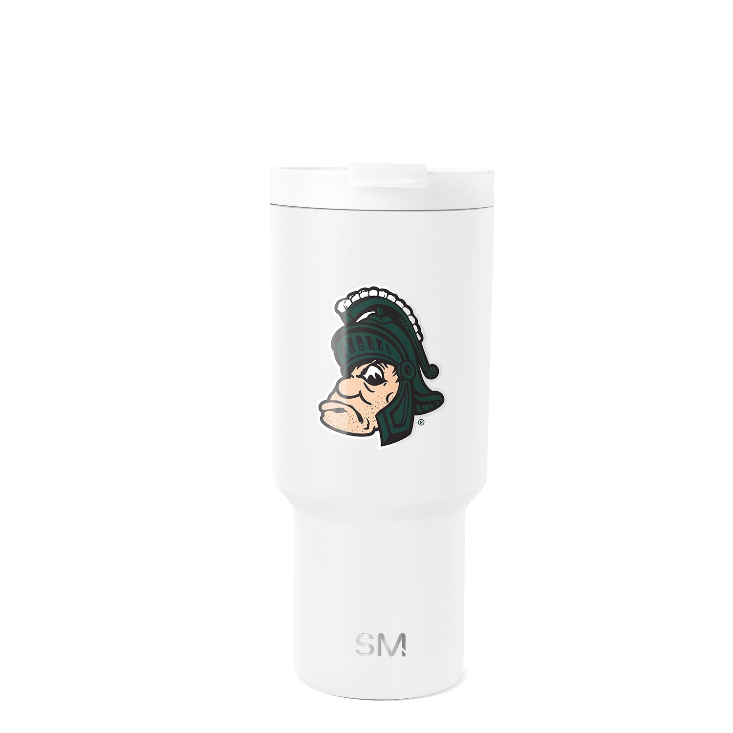 White insulated tumbler by Simple Modern with cylindrical body, tapered base, and white lid with sip opening, shown against white background.