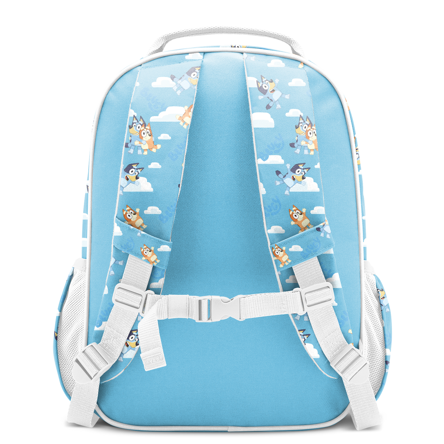 Sky blue backpack with white straps, buckles, and cloud pattern design