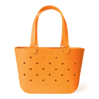Orange tote bag with perforated ventilation holes, dual handles, and "Simple Modern" branding on white background.