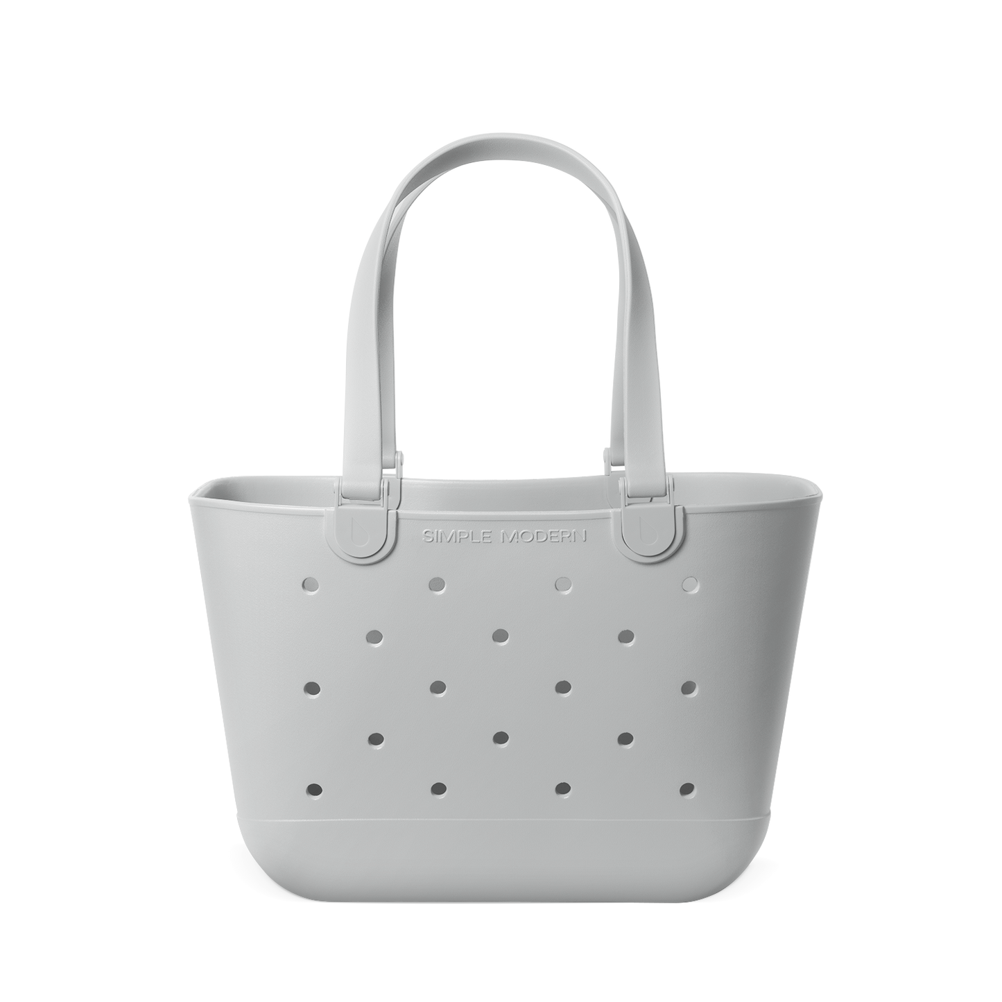 Light gray perforated tote bag with handles, displayed against white background