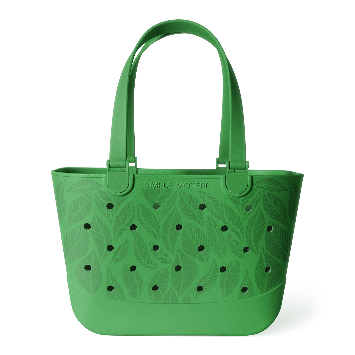 Green bucket tote bag with tropical leaf pattern and perforated details, featuring sturdy handles and "Simple Modern" branding on white background.