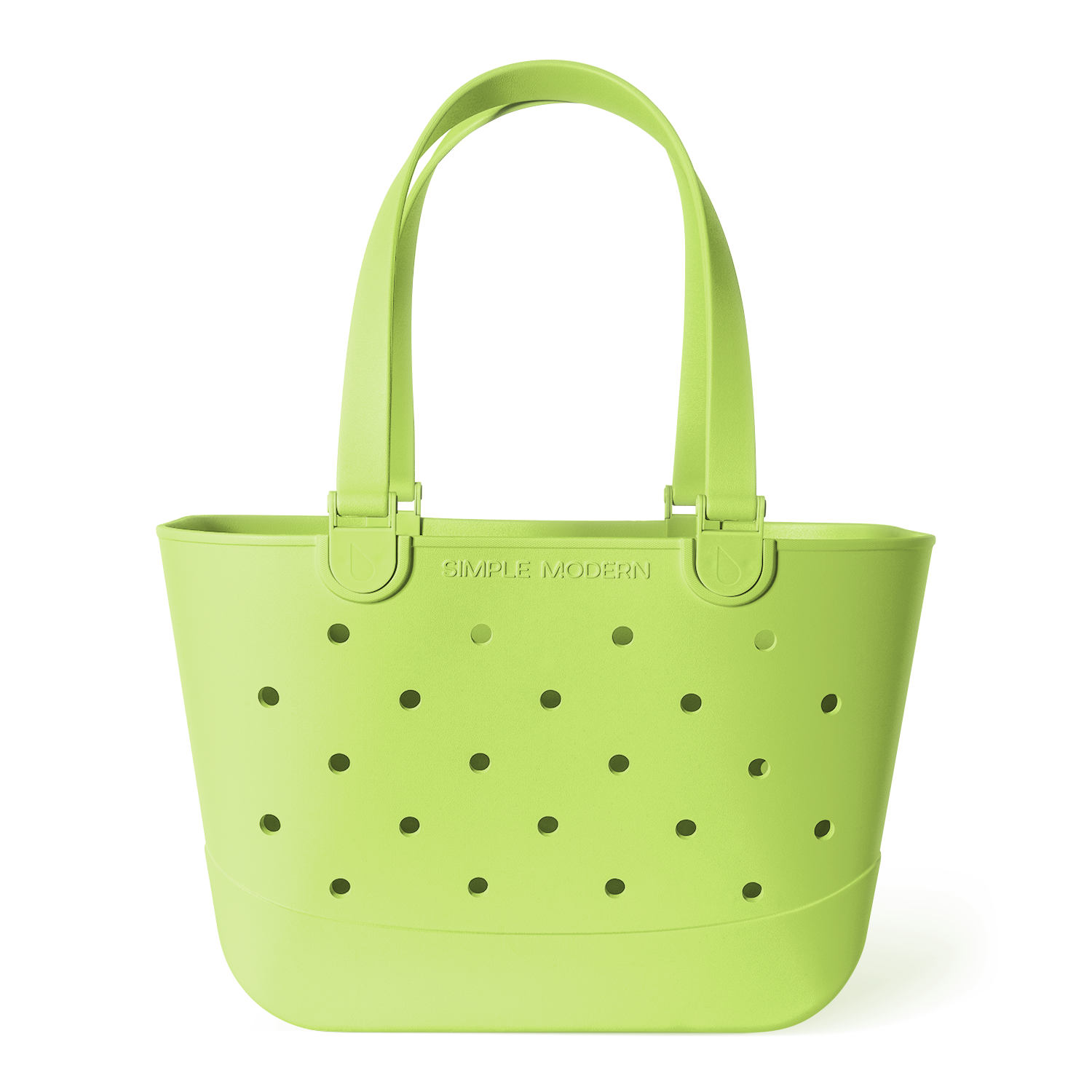 Lime green perforated tote bag with long padded handles and metal hardware, featuring Simple Modern branding, shown against white background.