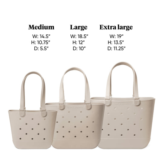 Three beige Simple Modern tote bags arranged by size (Medium, Large, Extra Large) with dimensions shown above each. Perforated dot detail, dual handles, white background.