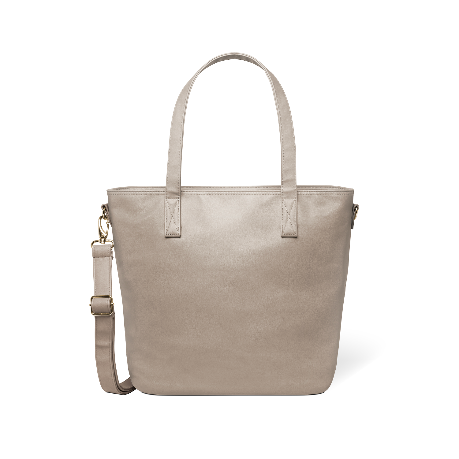Beige tote bag with metal hardware accents displayed against a white background