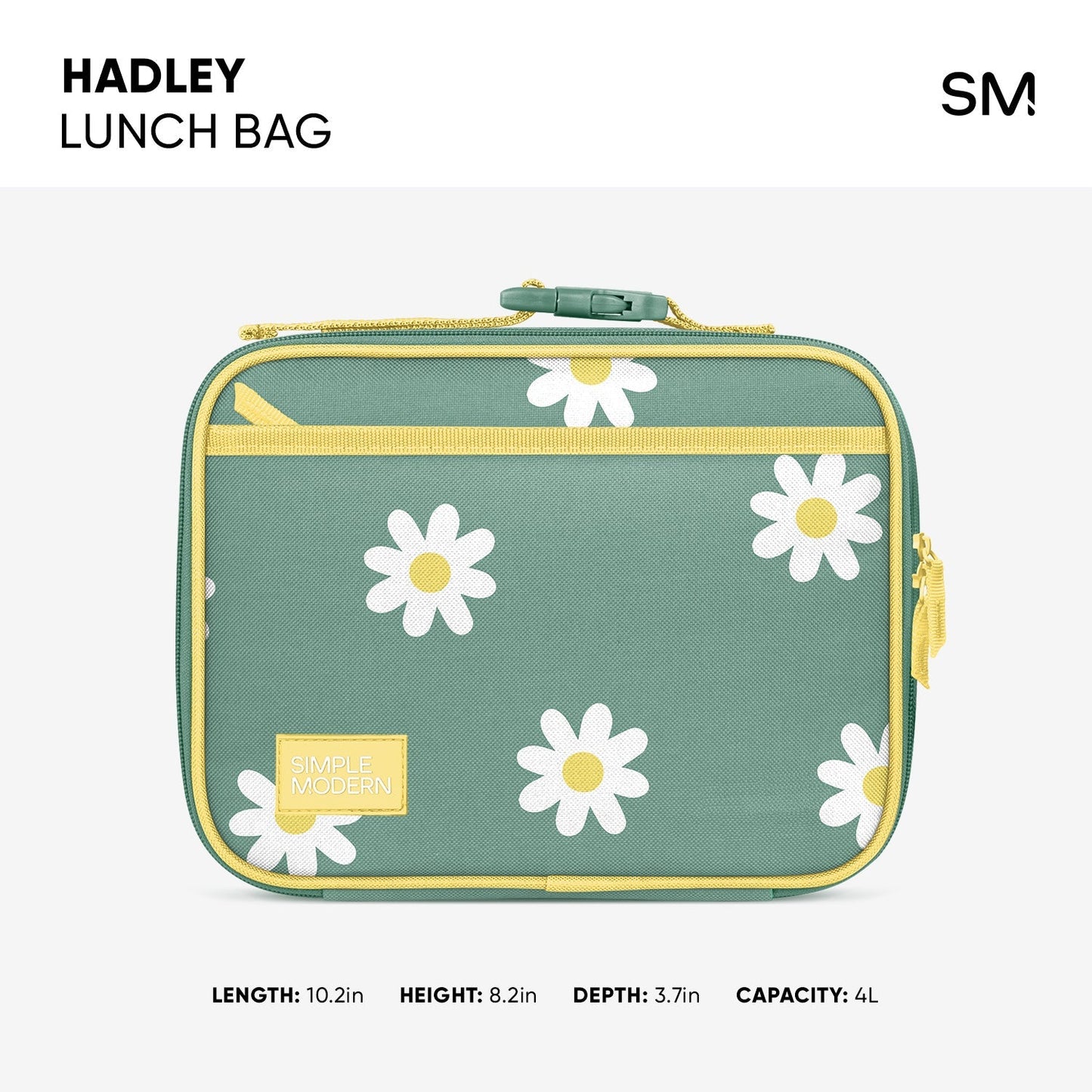 Hadley Lunch Bag by Simple Modern in sage green with white daisy print, yellow shoulder strap, teal handle, and yellow zipper tag. Dimensions: 10.2"L x 8.2"H x 3.7"D, 4L capacity.