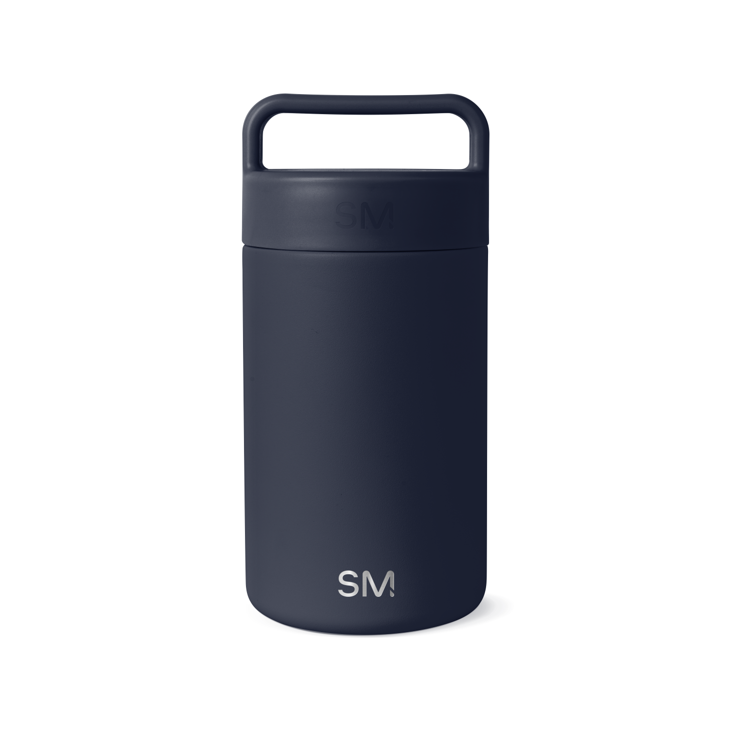 Deep navy blue jar with white SM logo branding and accents