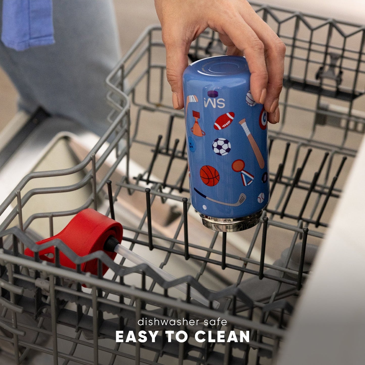 Blue Simple Modern Summit 2.0 water bottle with sports print being placed in an open dishwasher, demonstrating its dishwasher-safe feature. Text reads "dishwasher safe" and "EASY TO CLEAN."