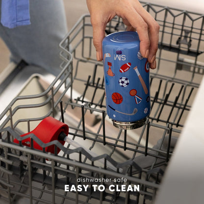 Blue kids water bottle with sports icons held inside an open dishwasher, featuring text "dishwasher safe" and "EASY TO CLEAN" to demonstrate the product's cleaning convenience.