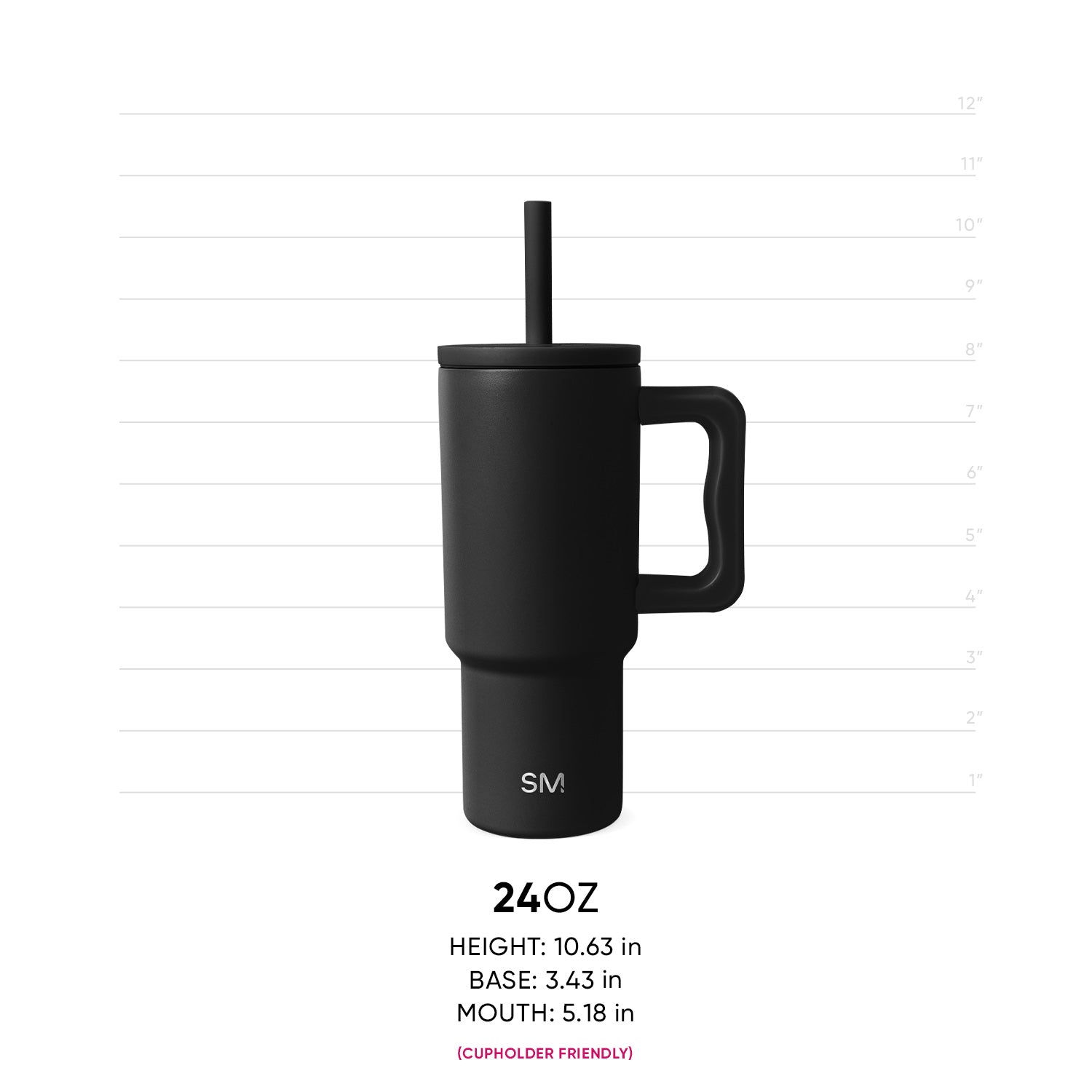 Black 24oz Kids Trek insulated tumbler with handle and straw shown with measurement ruler. Height 10.63in, base 3.43in, mouth 5.18in. Cupholder friendly.