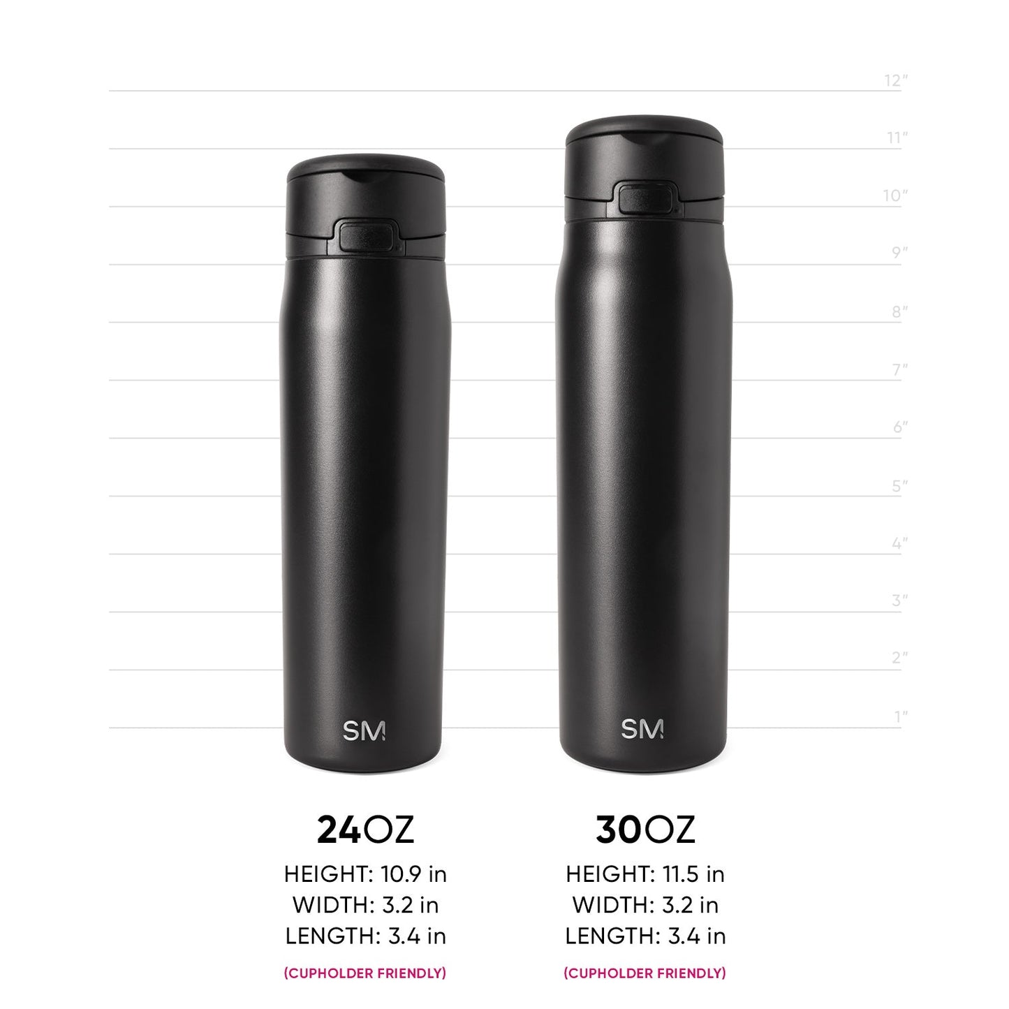 Two Simple Modern insulated water bottles in charcoal black shown side-by-side for size comparison. Left: 24OZ bottle. Right: 30OZ bottle. Both feature identical design with push-button caps and SM logo. Measurement scale