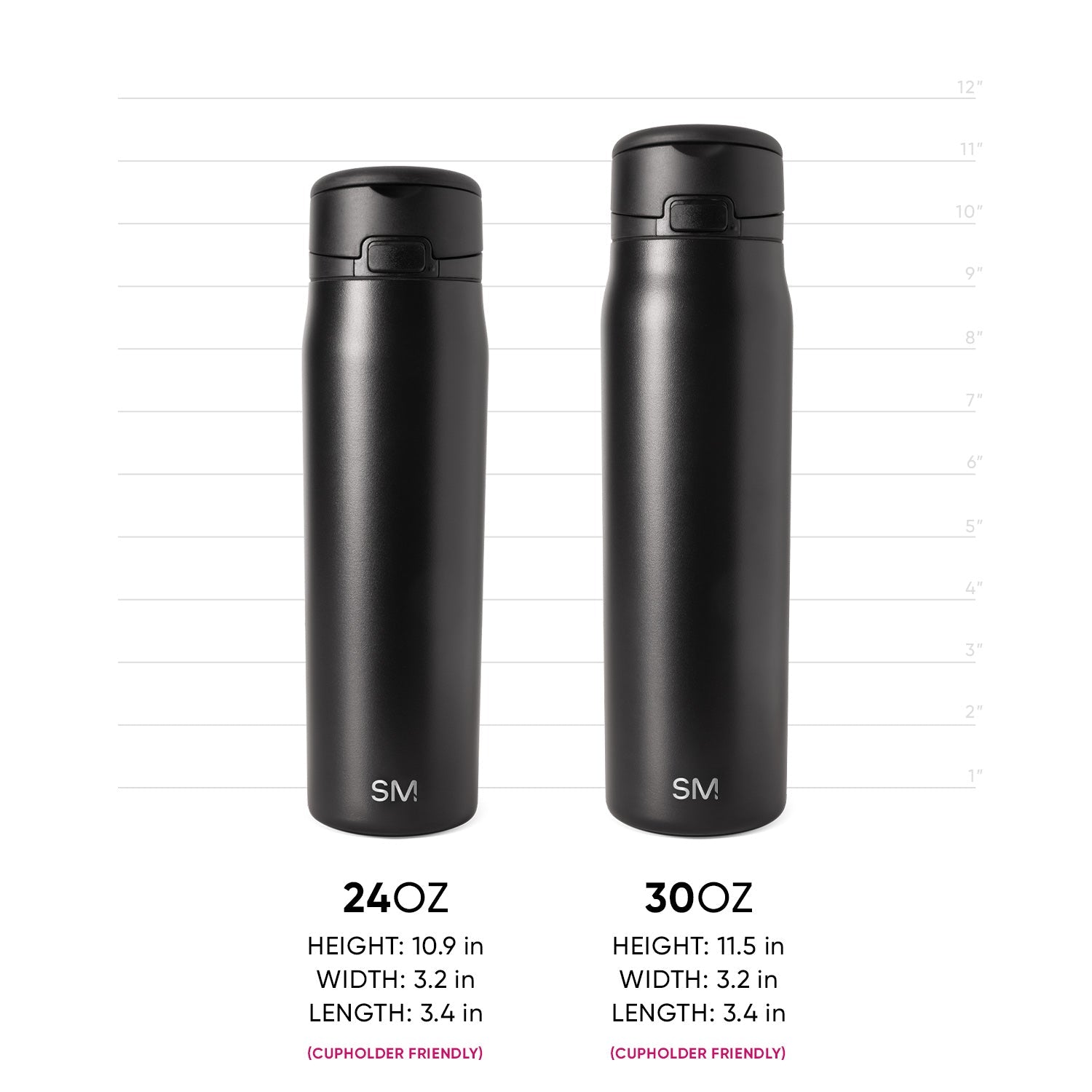 Two matte black stainless steel water bottles side by side with measurement scale. Left bottle is 24oz, right is 30oz. Both have SM logo and black caps. Includes height and width measurements. Cupholder friendly.
