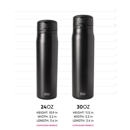 Two matte black stainless steel water bottles side by side with measurement scale. Left bottle is 24oz, right is 30oz. Both have SM logo and black caps. Includes height and width measurements. Cupholder friendly.