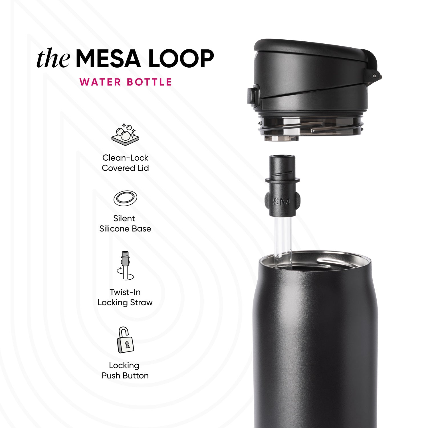 Black Mesa Loop water bottle by Simple Modern with assembled and disassembled views showing straw mechanism, lid, and four feature icons: Clean-Lock Covered Lid, Silent Silicone Base, Twist-In Locking Straw, and Locking Push