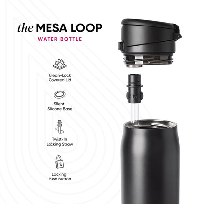 Mesa Loop water bottle by Simple Modern shown in matte black with curved carrying loop lid, matching straw, and clear base ring. Four feature icons displayed: Clean-Lock Covered Lid, Silent Silicone Base, Twist-In Locking