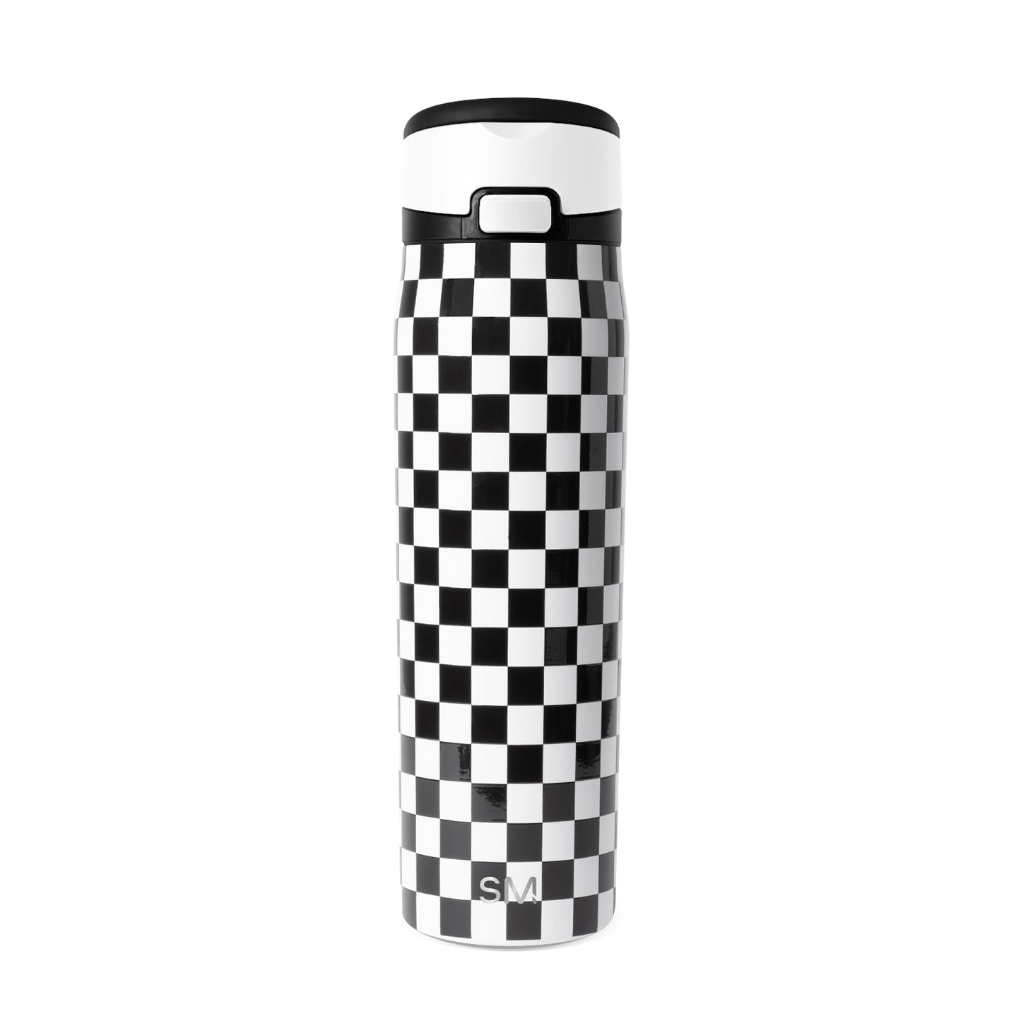 Black and white checkerboard water bottle with carry handle and SM logo on neutral background