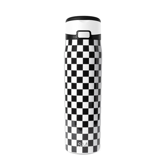 Black and white checkerboard water bottle with carry handle and SM logo on neutral background