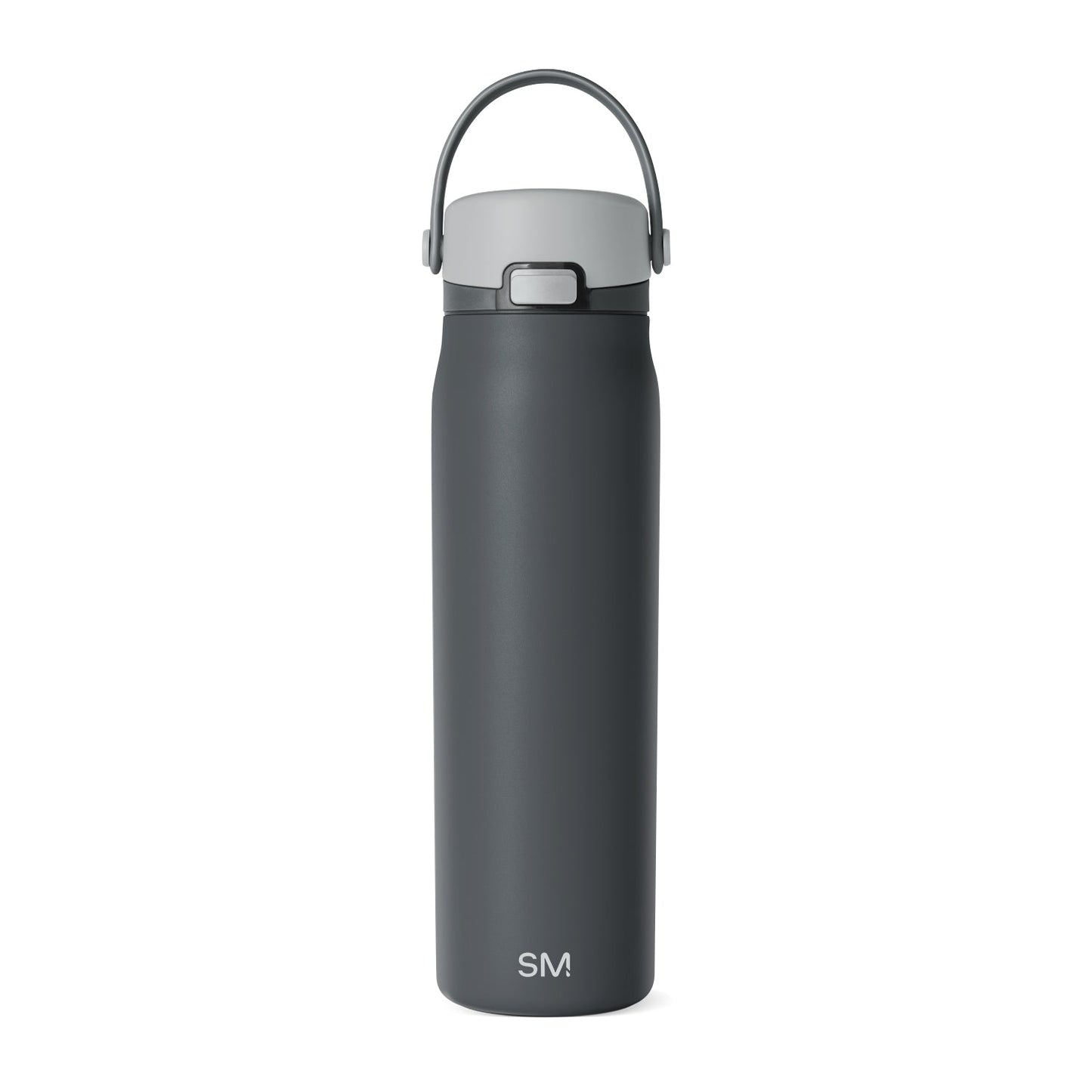 Charcoal gray modern water bottle with lighter gray lid and handle on neutral background