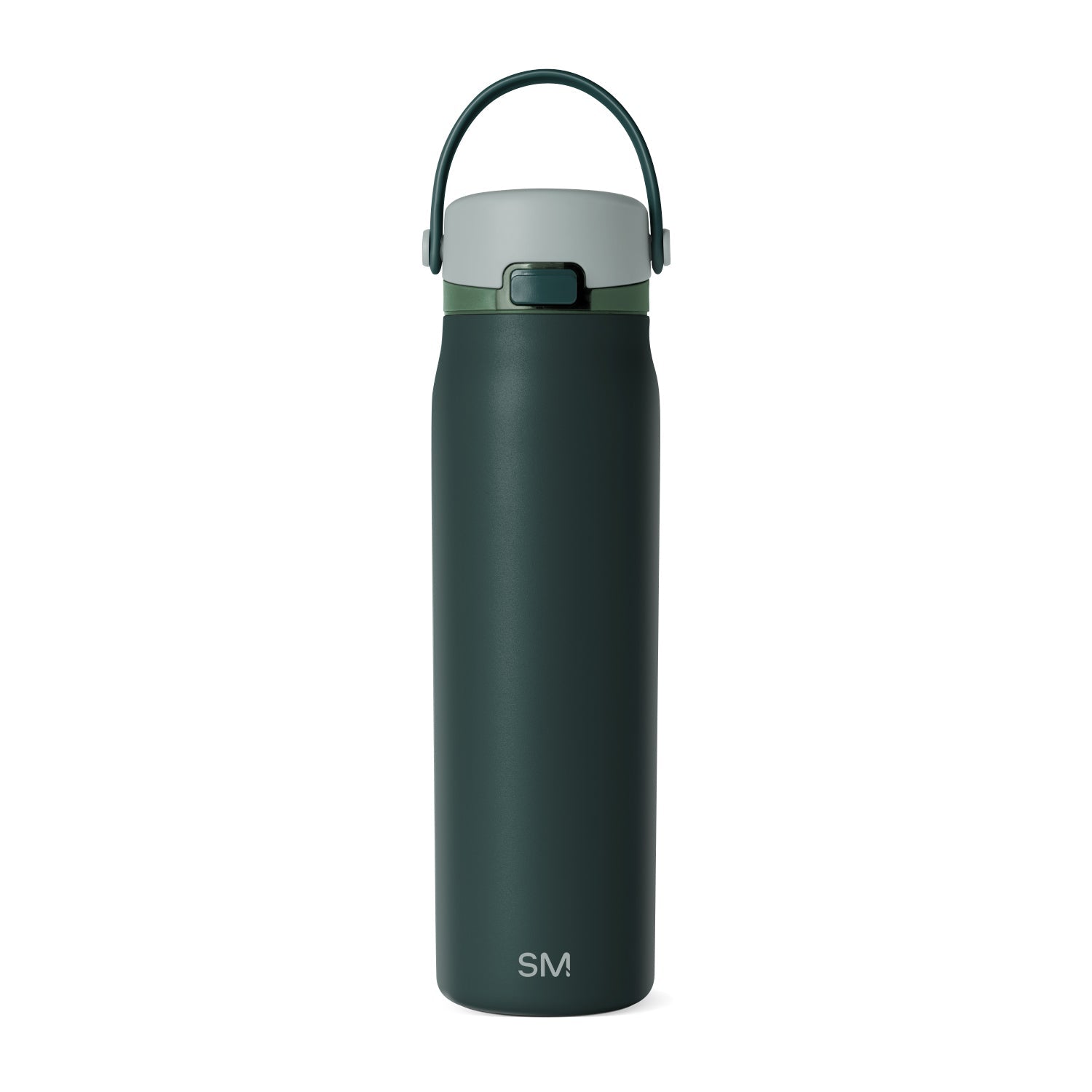 Deep forest green cylindrical water bottle with light sage gray top and cap, SM Summit brand design for hydration and outdoor use.