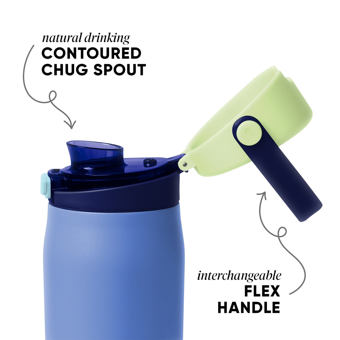 Soft periwinkle blue insulated drinkware with deep navy blue lid, spout, and handle, featuring light sage green accents