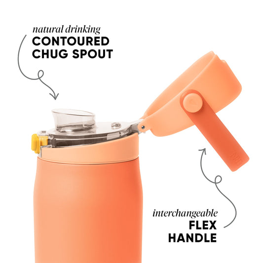 Peach-orange stainless steel travel mug with flex handle attachment and matching soft peachy tones throughout the drinkware body
