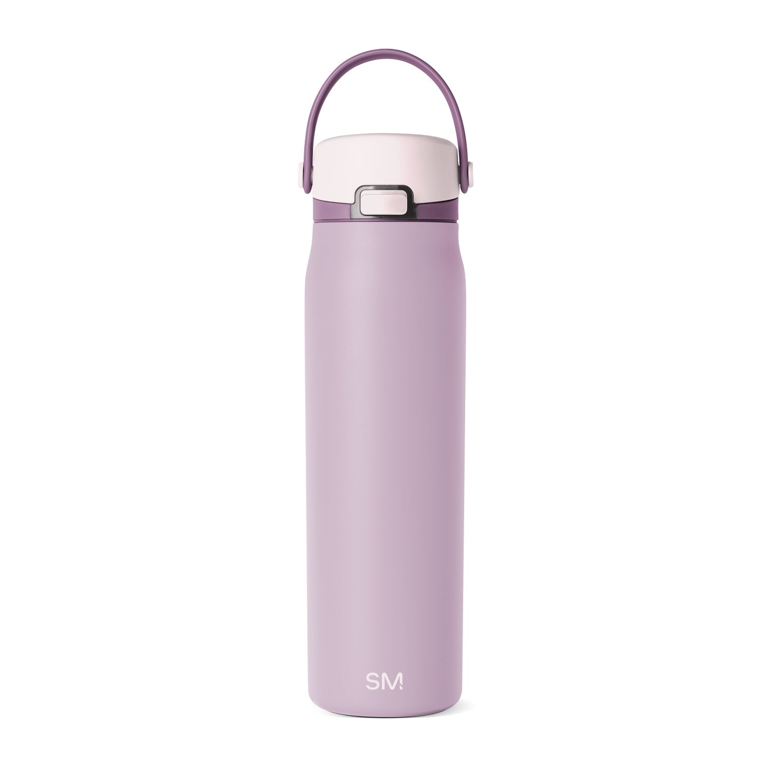 Tall insulated water bottle in soft lavender-mauve color with SM brand logo in white text, cylindrical shape with tapered design