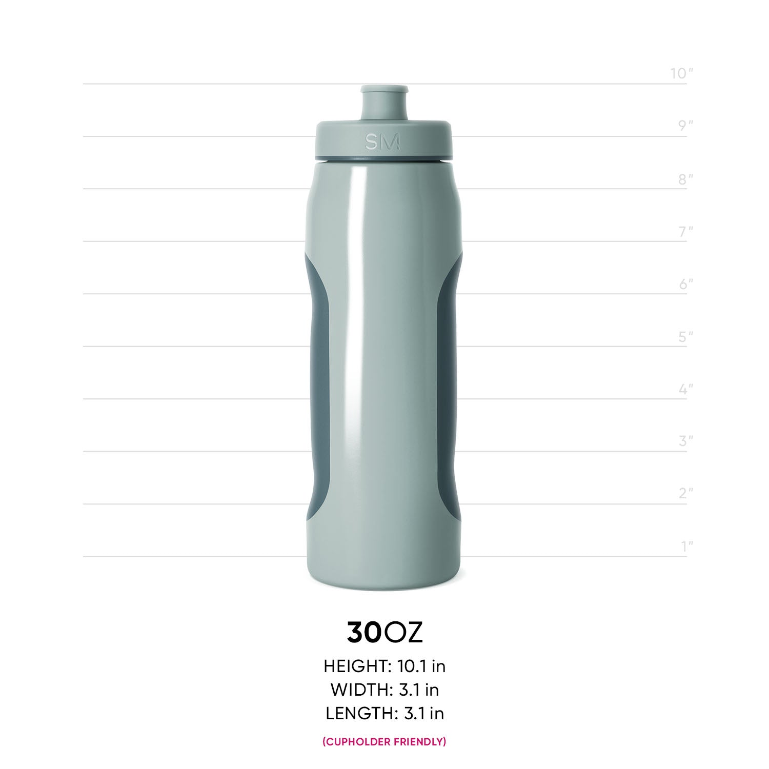 Sage green squeezy water bottle with dark teal grip panels on sides, product measurement reference image
