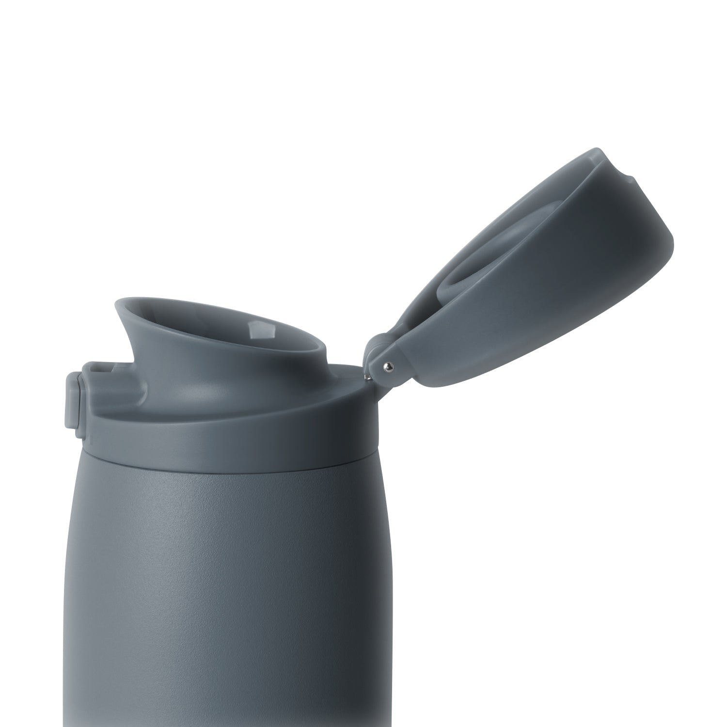 Gray-blue stainless steel tumbler with matching lid in monochromatic slate gray and charcoal tones