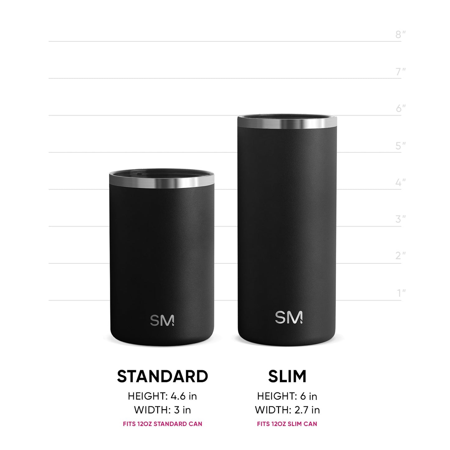 Two black Ranger can coolers with stainless steel rims shown side-by-side against a white background with measurement scale. Left: Standard model, 4.6" height, 3" width, fits 12oz standard cans. Right: Slim model, 6" height,