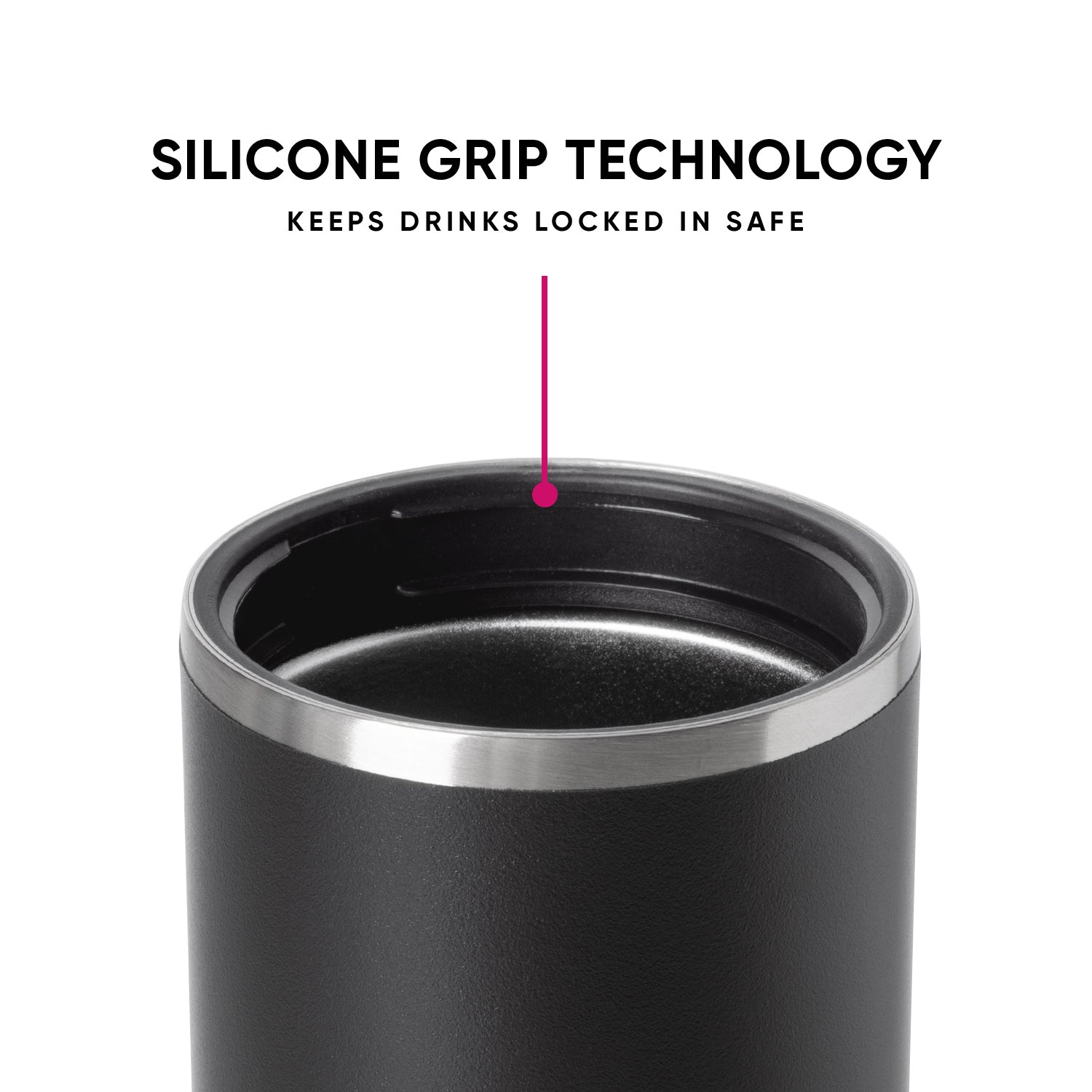 Dark charcoal gray Ranger can cooler with silicone grip texture, metallic silver rim band, and magenta accent line pointing to feature. Text reads "Silicone Grip Technology Keeps Drinks Locked In Safe." White background.